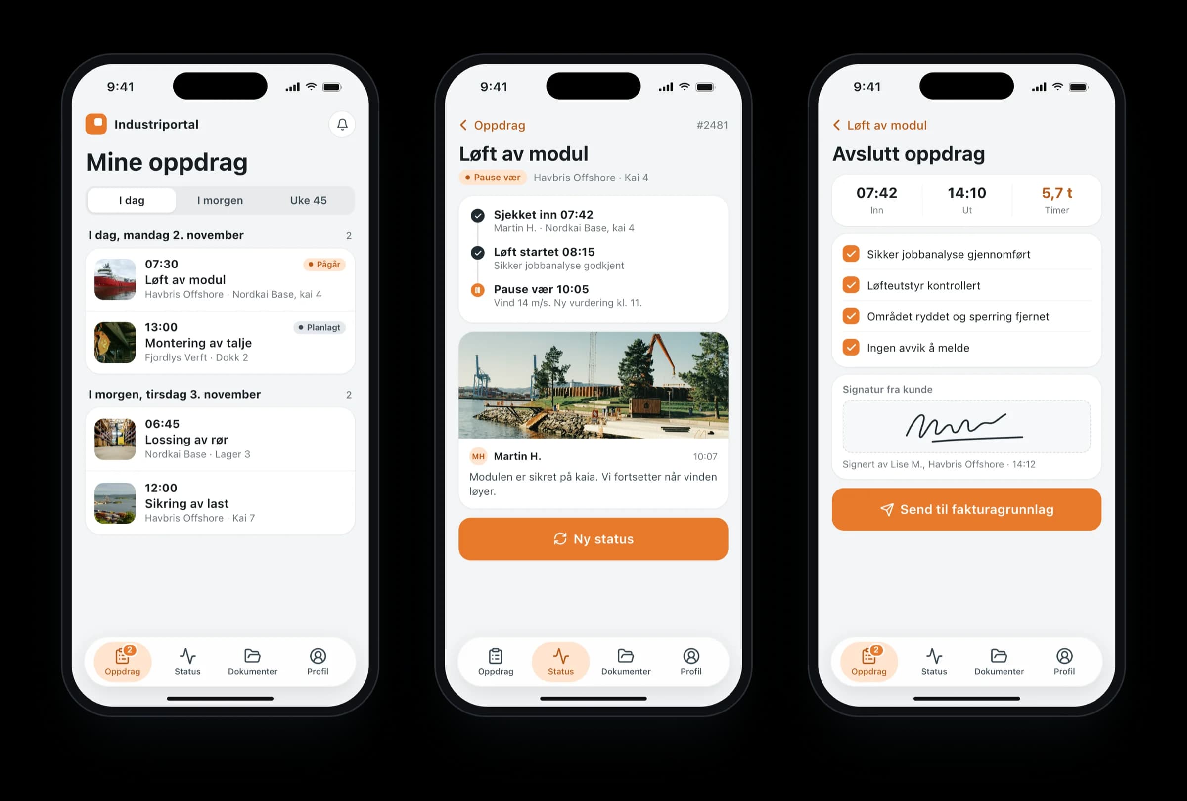Tre telefoner med feltappen: operatørens oppdrag for i dag og i morgen, statusoppdateringer med tidslinje og bilde fra stedet, og avslutning av oppdraget med sjekkliste og signatur.