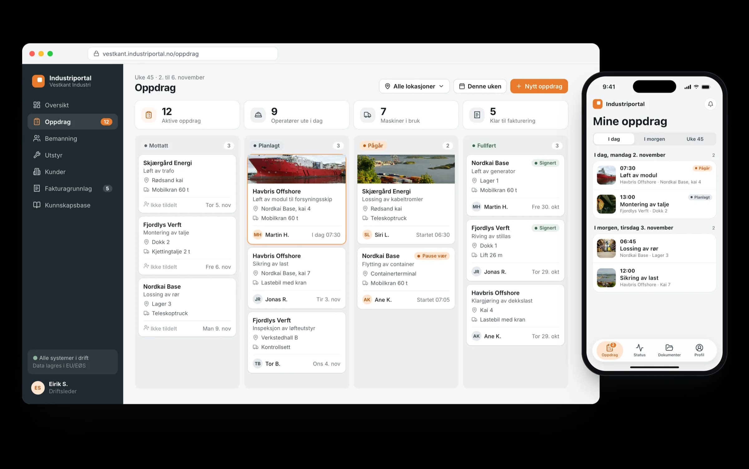 The job board in the industry portal on a PC, and the operator's jobs in the field app on a phone.