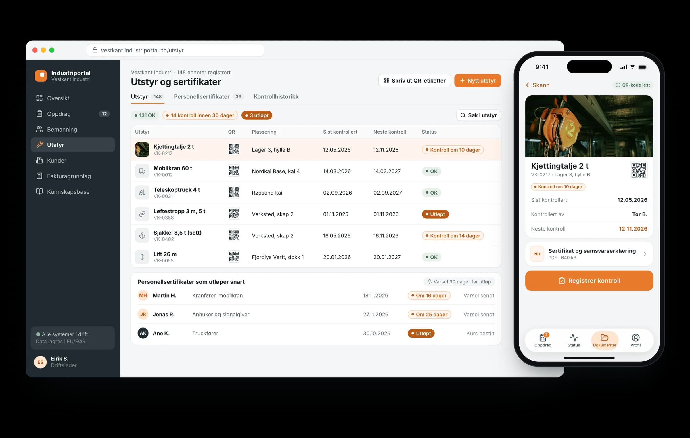 Utstyrsregisteret i industriportalen med QR-koder, siste og neste kontroll og status, og en telefon som har skannet en QR-kode og viser utstyrskortet for en kjettingtalje.