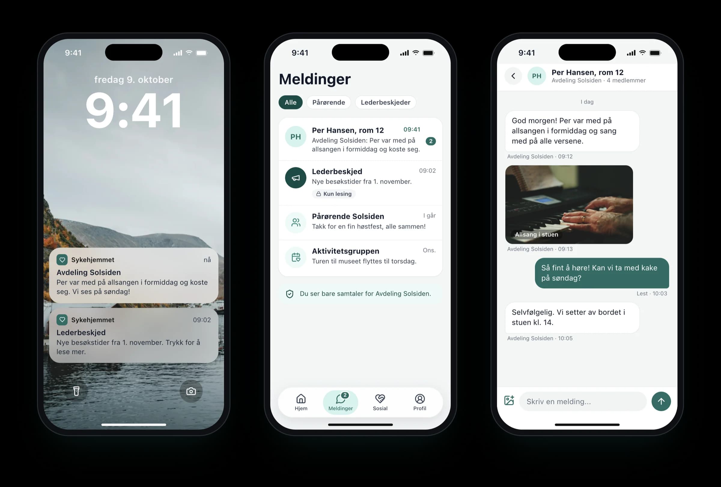 Three phones: a notification from the ward on the lock screen, the list of messages in the nursing home app and a conversation between relatives and the ward with a photo from a sing-along.