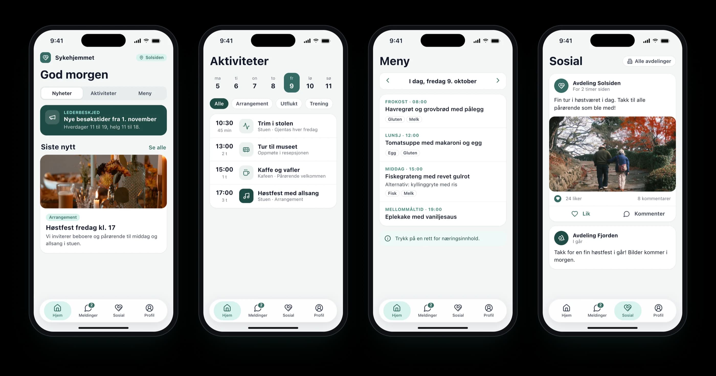 Four phones: the home screen with a management notice and news, the activity calendar, today's menu with allergens and the social wall with a photo from an autumn outing.