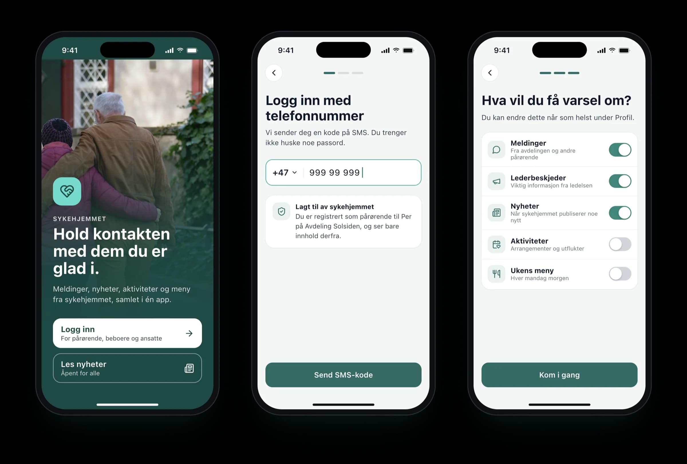 Three phones showing how to get started in the nursing home app: welcome screen, login with a phone number and choice of notifications.